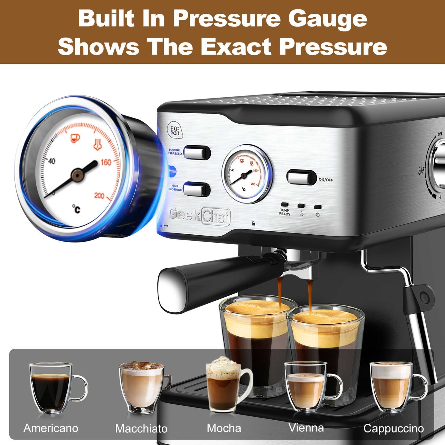 Espresso Machine 20 Bar Pump Pressure Cappuccino latte  with ESE POD filter&Milk Frother Steam Wand&thermometer, 1.5L Water Tank, Stainless steel Espresso Complimentary ESE Filter Ban on Amazon