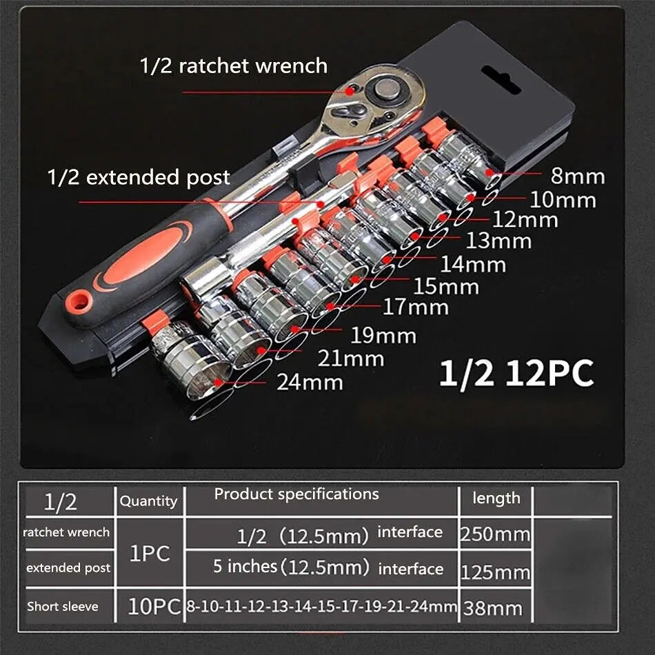 Krachtige 12Pcs 1/4 3/8 1/2 Inch Socket Ratchet Wrench Set for Bicycle Motorcycle Car Repairing Multi-function Wrench Tool