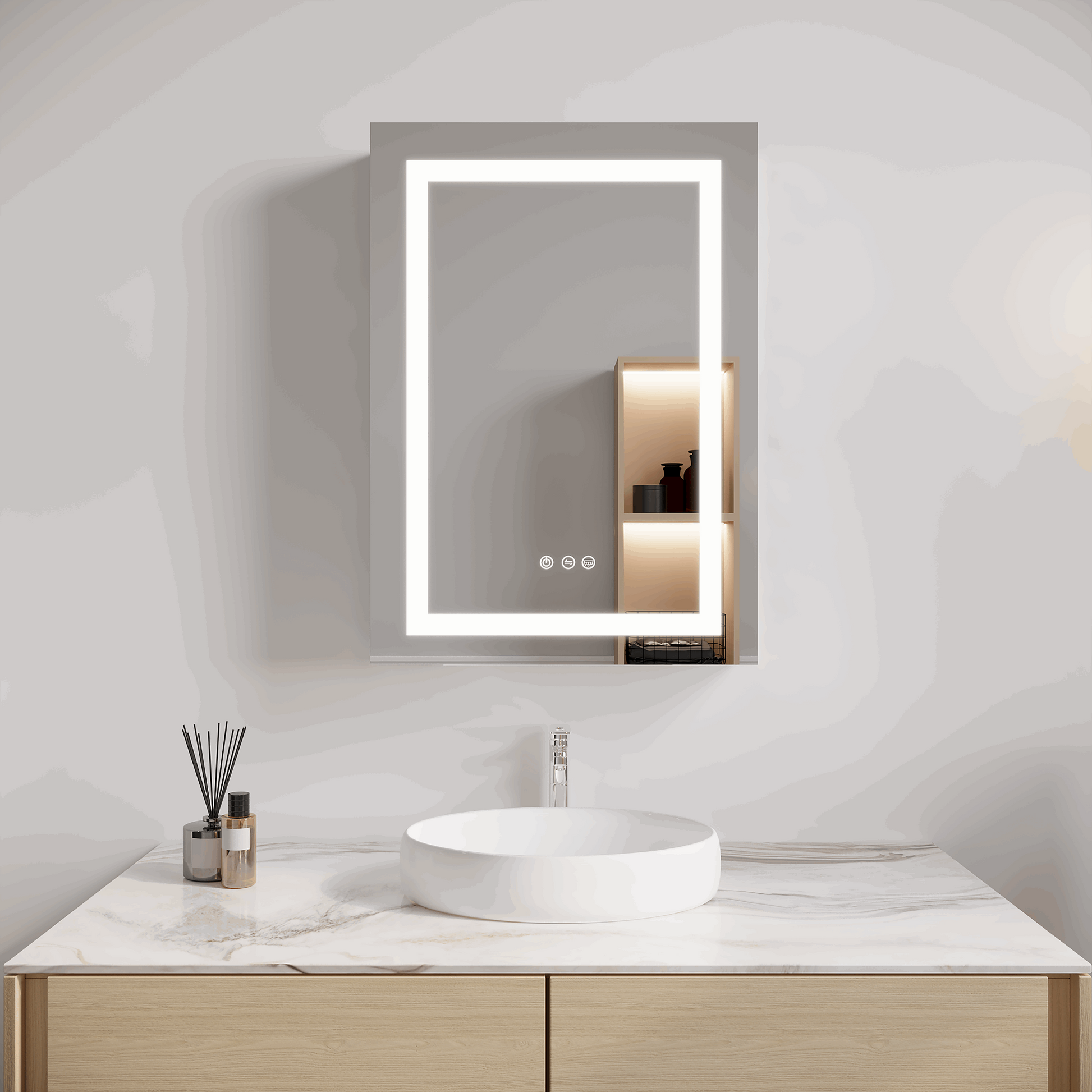 26x20 inch Bathroom Medicine Cabinet with LED Mirror, Anti-Fog, Waterproof, 3000K~6000K Single Door Lighted Bathroom Cabinet with Touch Swich, Dimmable,Recessed or Surface Mount (Left Door)