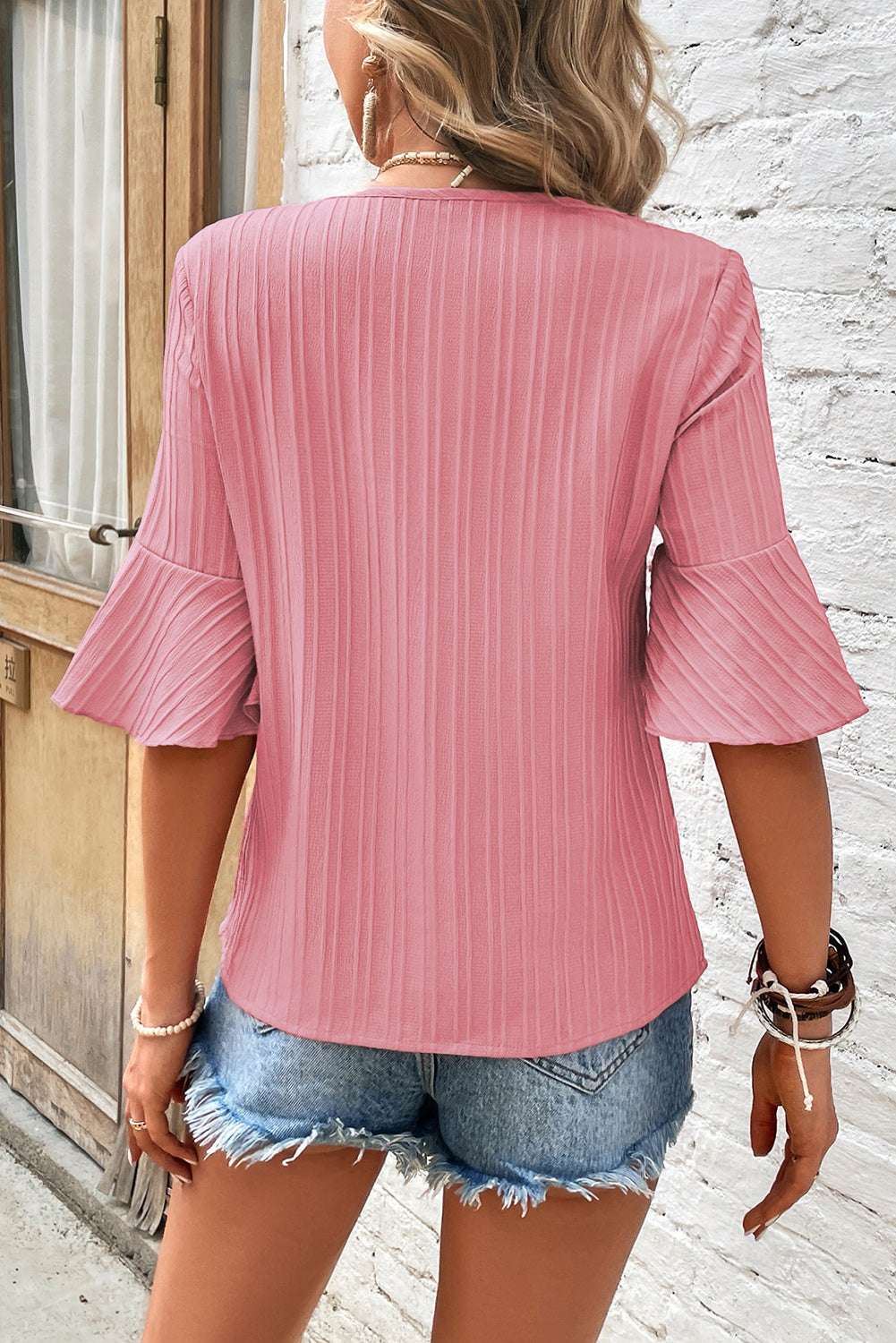 Peach Blossom Ruffled Half Sleeve V Neck Textured Top