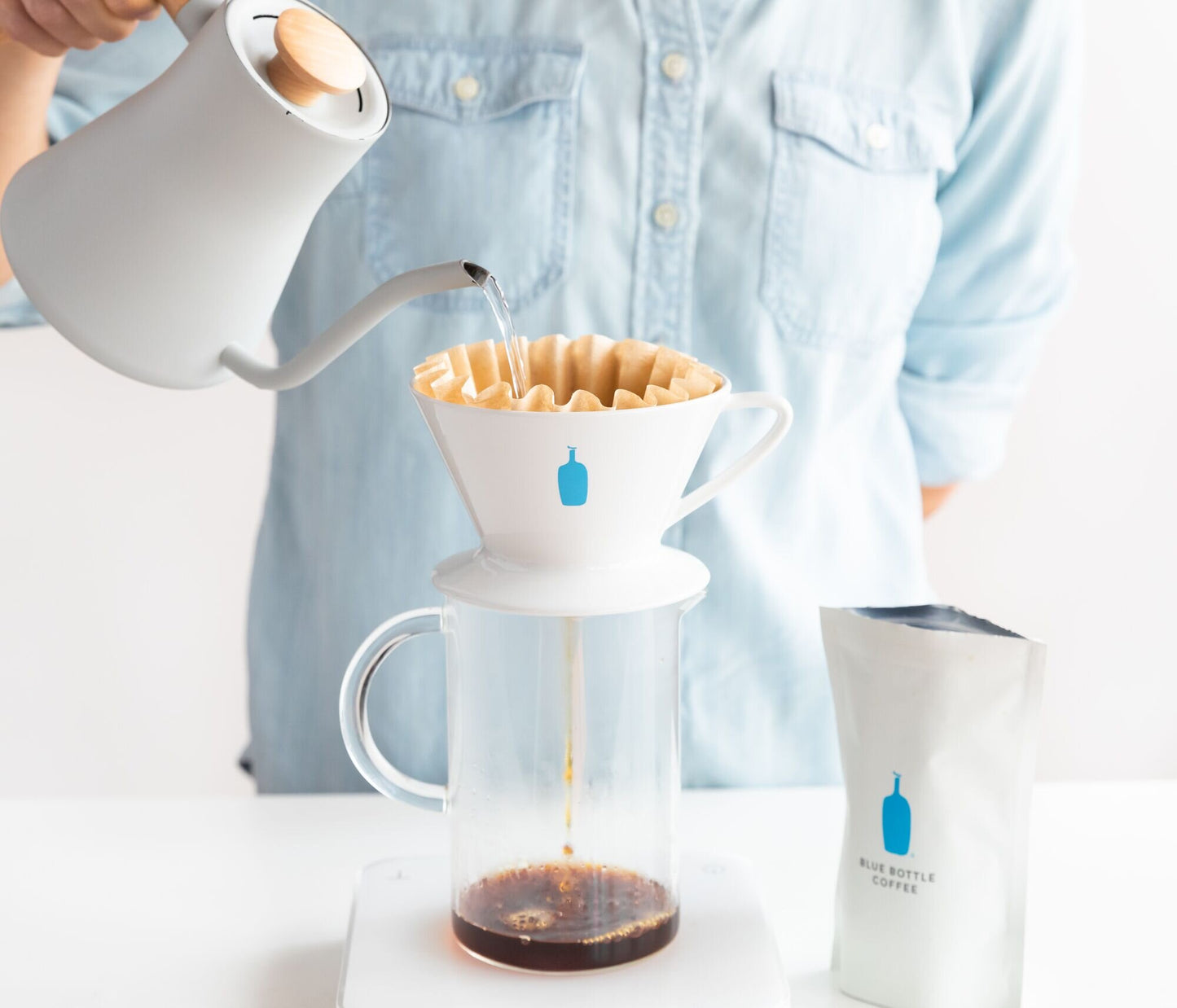 Blue Bottle Pour Over Kit with Coffee Dripper and Filters, Carafe, and How to Make a Pour Over Guide