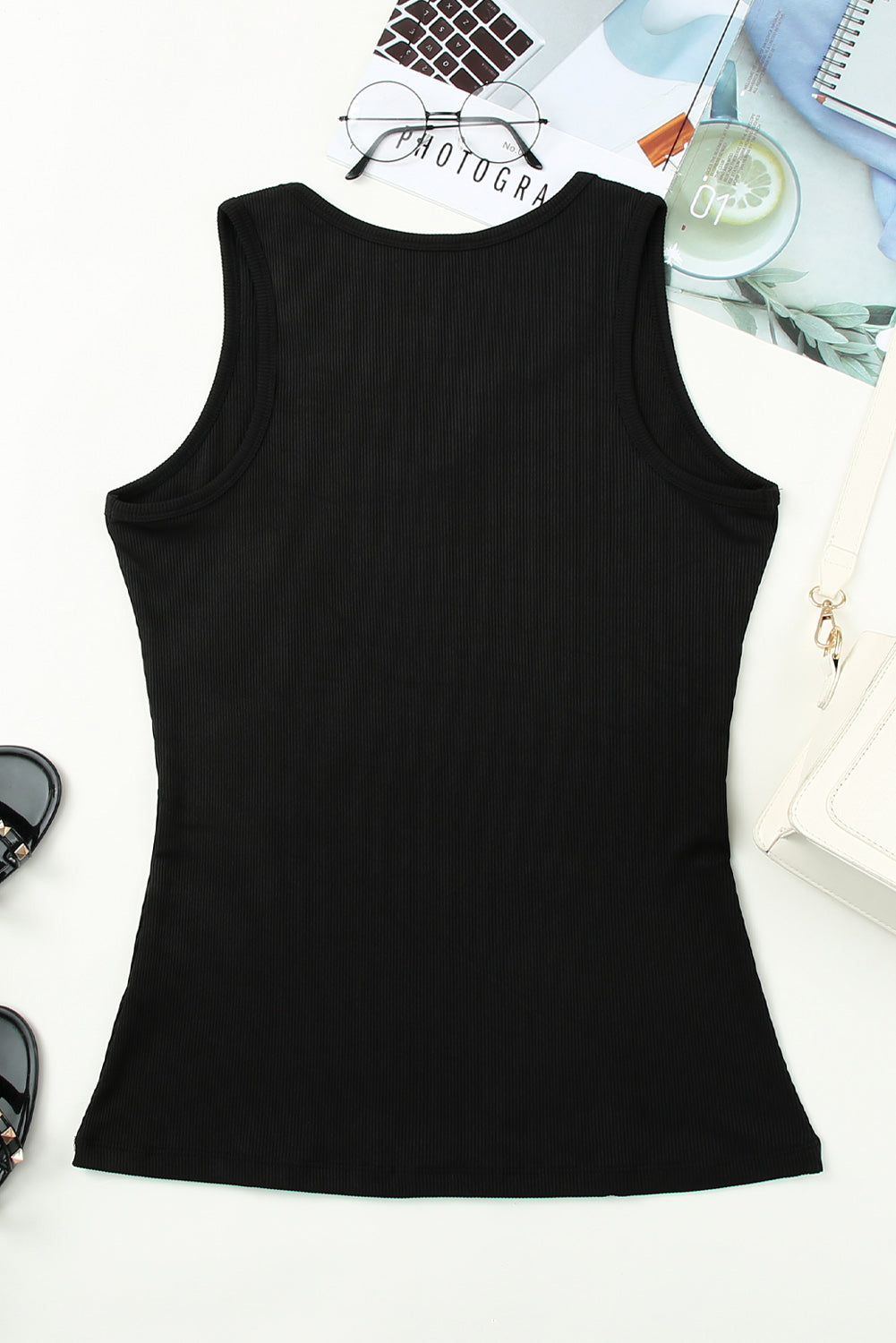 SEXY Black Split Neck Ribbed Knit Tank Top