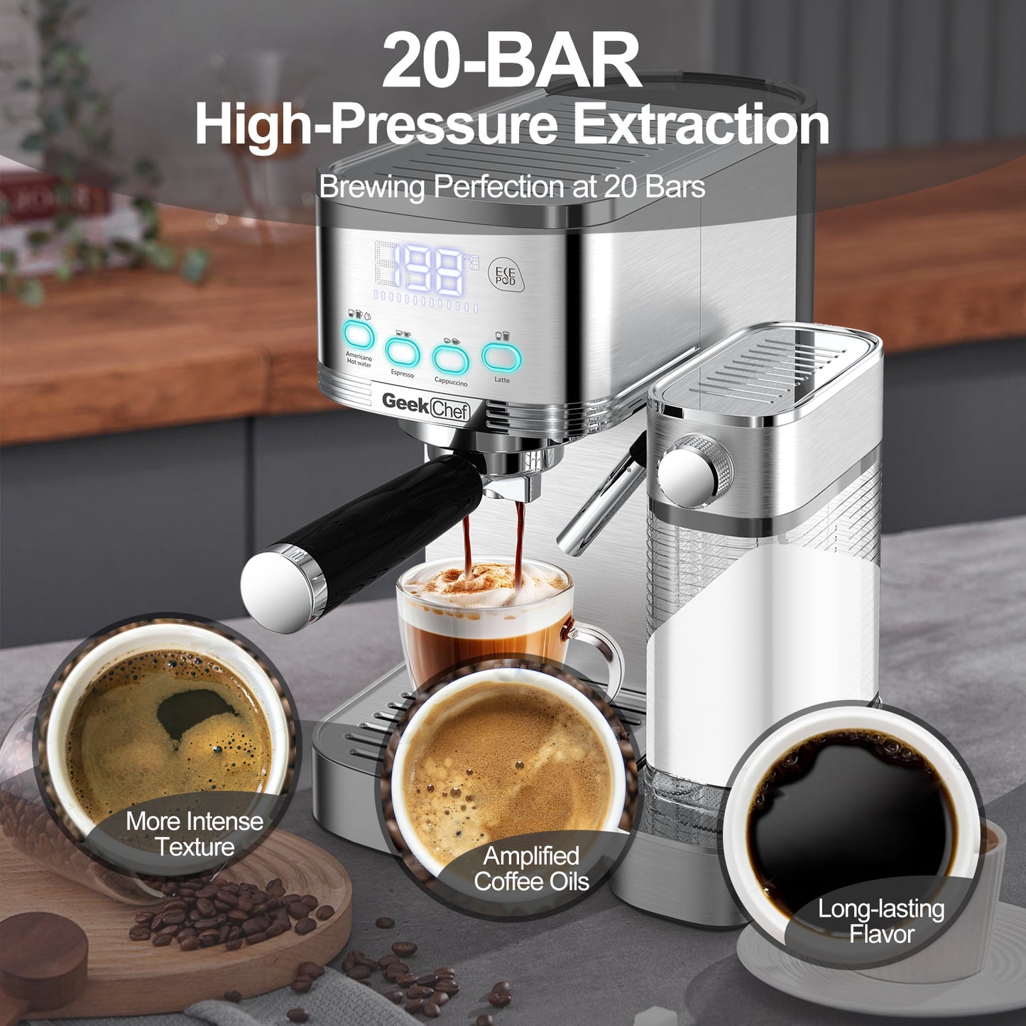 Geek Chef Espresso and Cappuccino Machine with Automatic Milk Frother,20Bar Espresso Maker for Home, for Cappuccino or Latte,with ESE POD filter, Stainless Steel, Gift for Coffee Lover Ban on Amazon