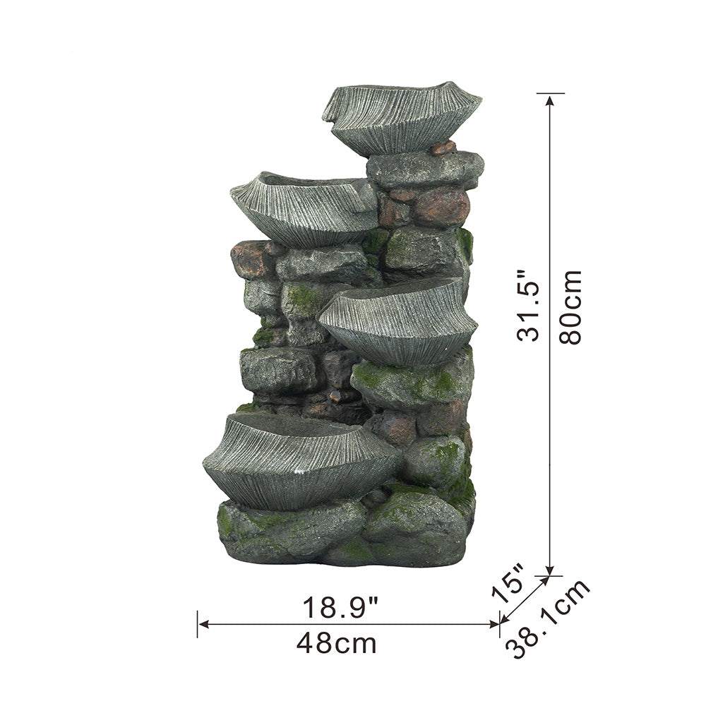 19x15x31.5" Indoor Outdoor Stone Water Fountain,  4-Tier Polyresin Cascading Rock Bowl Freestanding Fountain with LED Ligh