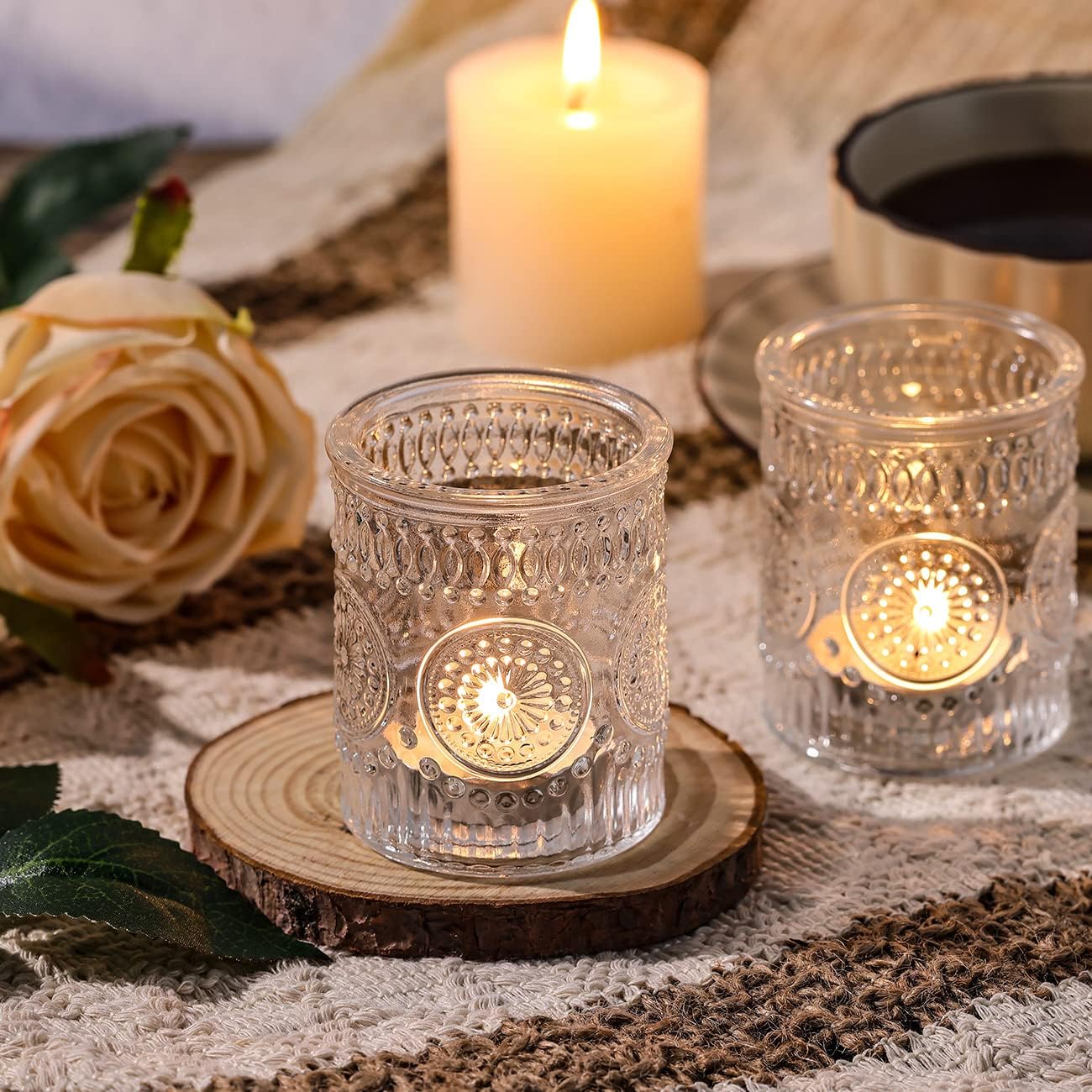 Clear Votive Candle Holders Set of 30- Glass Candle Holders Bulk for Tea Light Candle, Embossed Candle Votives for Wedding Centerpiece, Living Room & Home Table Decor