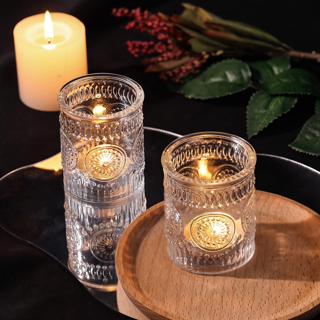 Clear Votive Candle Holders Set of 30- Glass Candle Holders Bulk for Tea Light Candle, Embossed Candle Votives for Wedding Centerpiece, Living Room & Home Table Decor