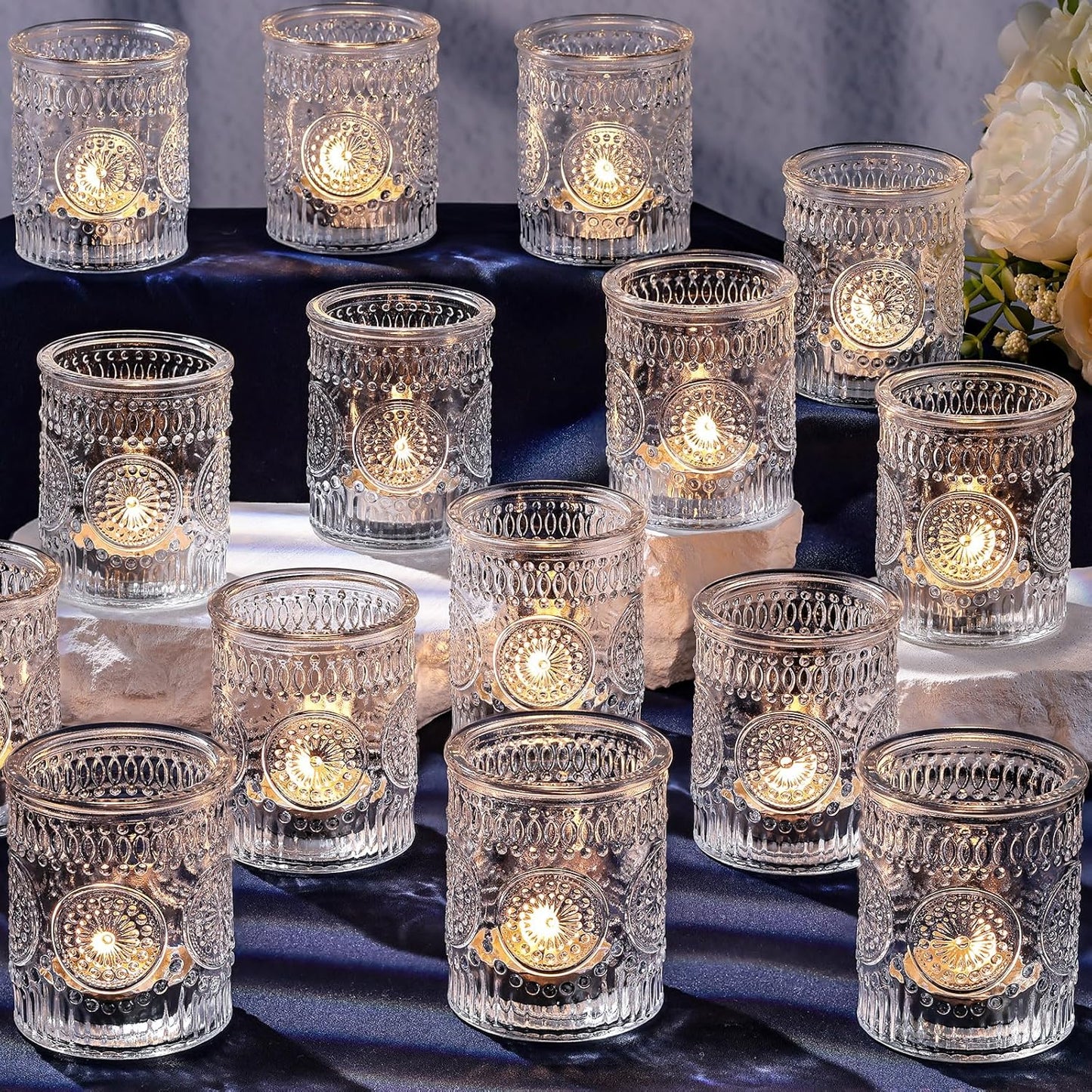 Clear Votive Candle Holders Set of 30- Glass Candle Holders Bulk for Tea Light Candle, Embossed Candle Votives for Wedding Centerpiece, Living Room & Home Table Decor