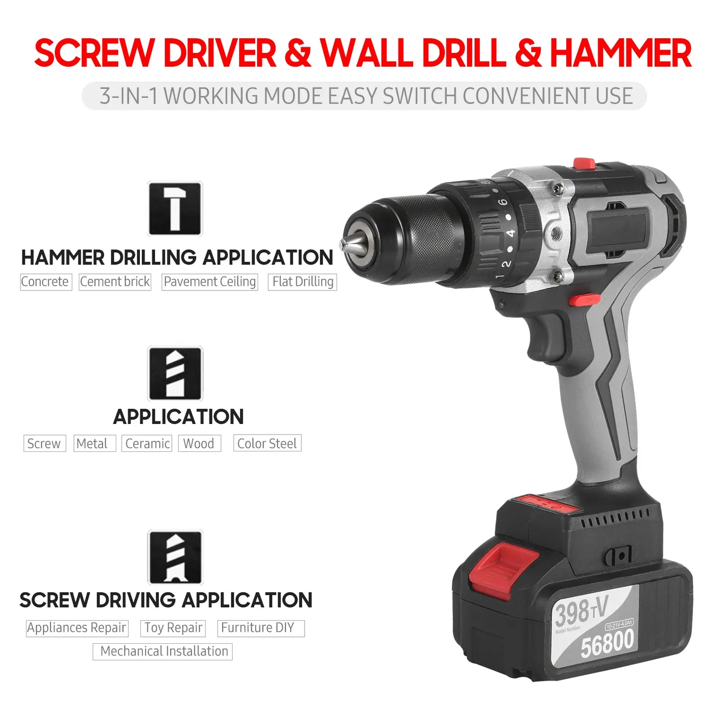 Home Cordless Electric Drill Driver 21V 30A Batteries Max Torque 200N.m Variable Speed Impact Hammer Drill Electric Screwdriver