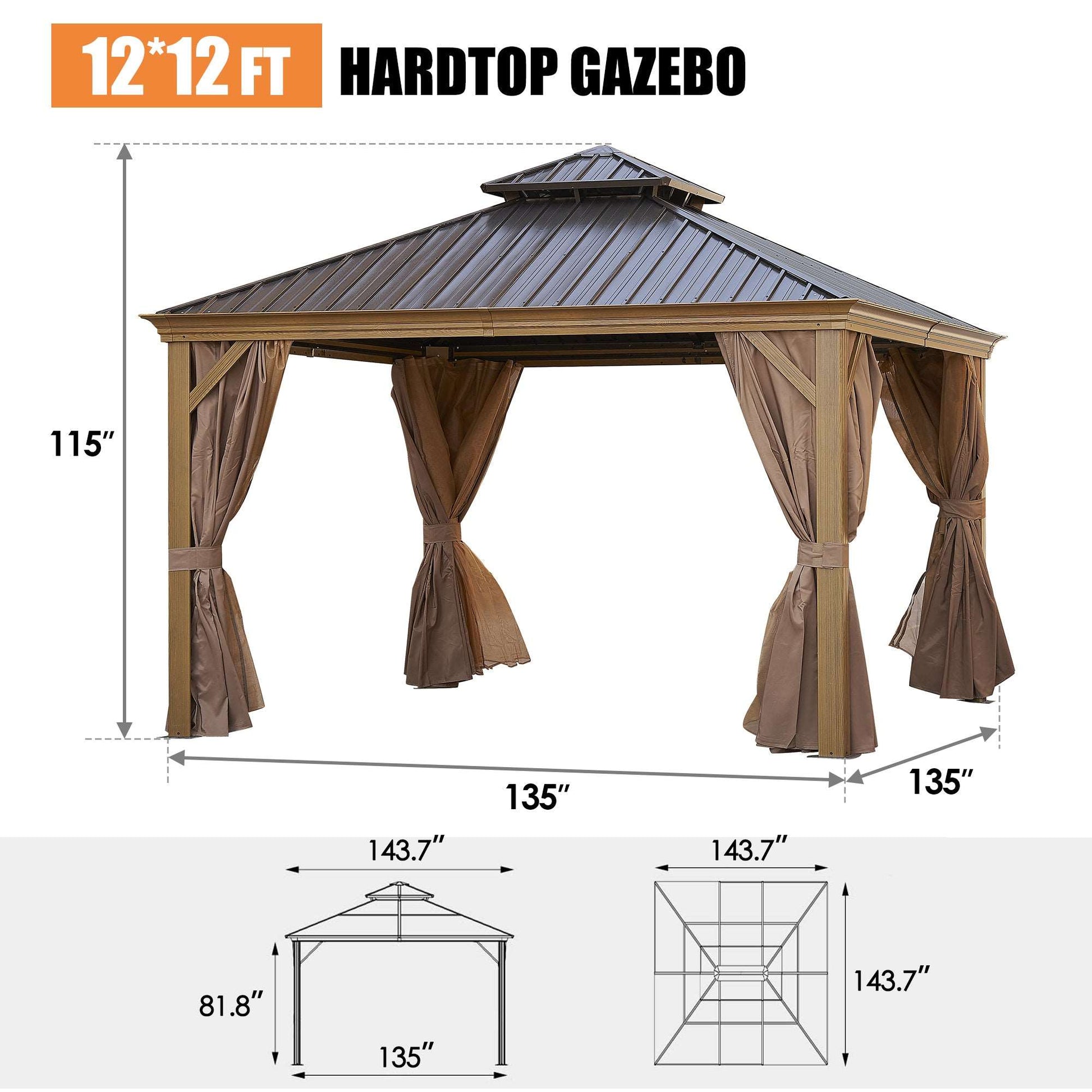 12*12FT patic gazebo,alu gazebo with steel canopy,Outdoor Permanent Hardtop Gazebo Canopy for Patio, Garden, Backyard