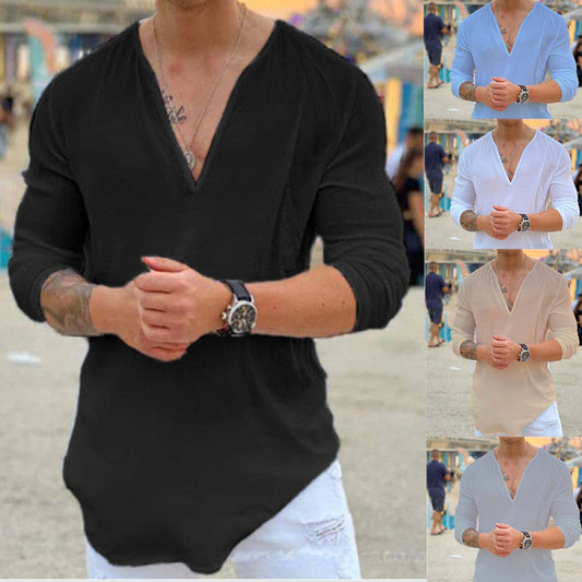 Men's V-Neck Casual Solid Color Long Sleeve T-Shirt Shirt Top