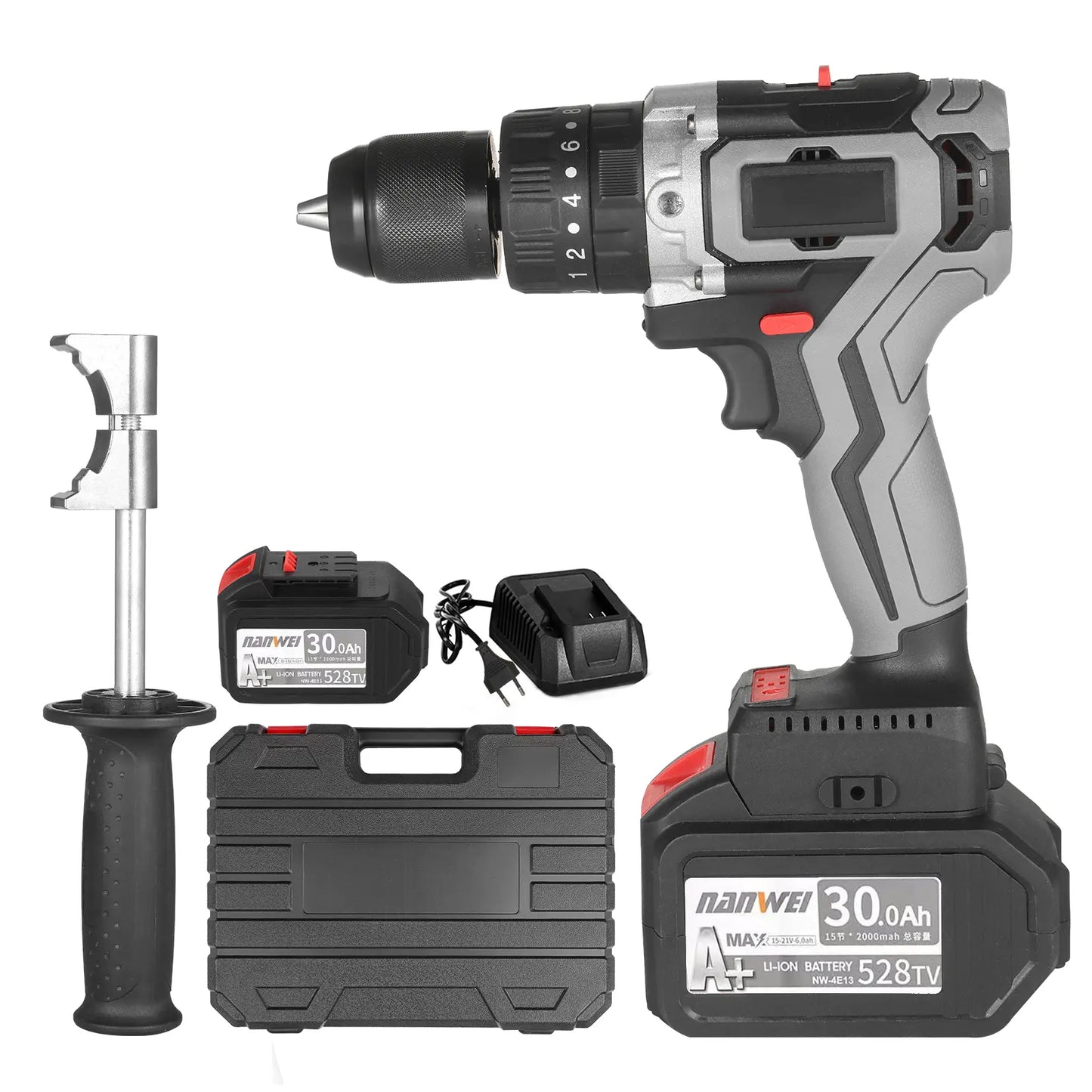 Home Cordless Electric Drill Driver 21V 30A Batteries Max Torque 200N.m Variable Speed Impact Hammer Drill Electric Screwdriver