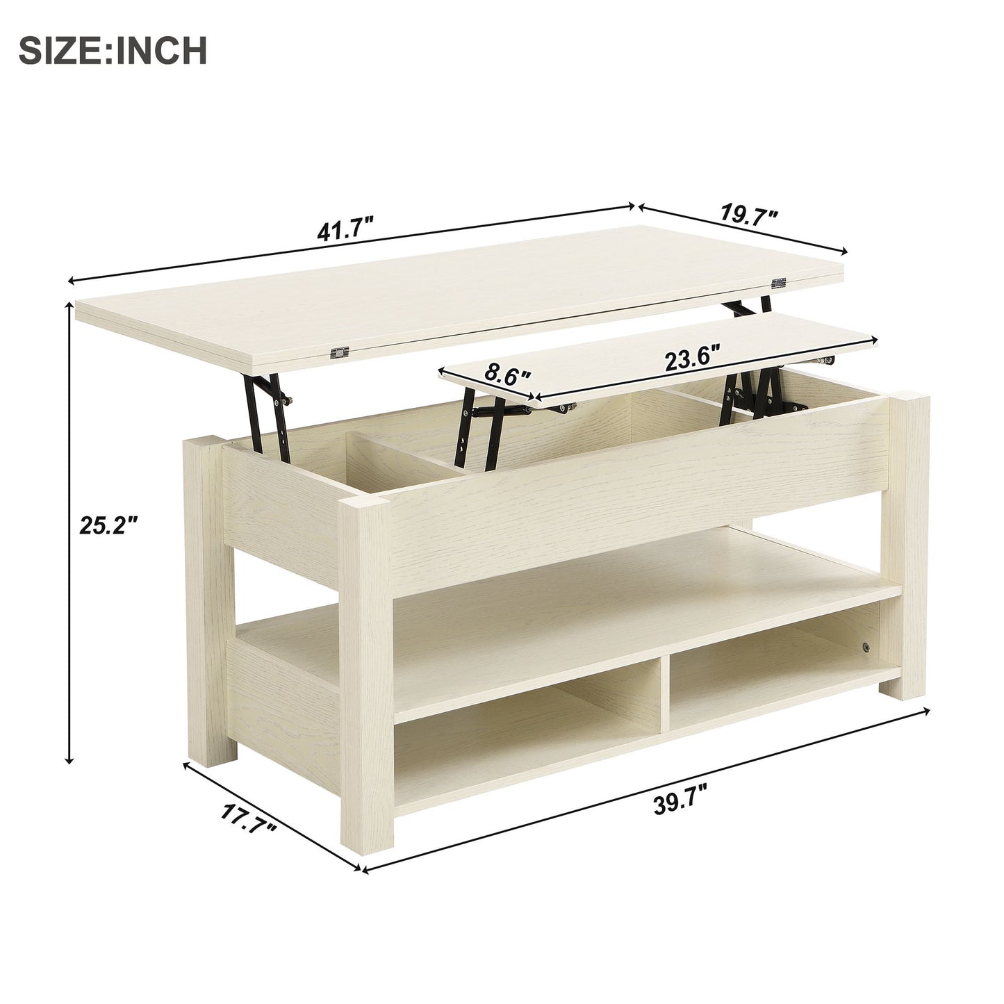 ON-TREND Lift Top Coffee Table, Multi-Functional Coffee Table with Open Shelves, Modern Lift Tabletop Dining Table for Living Room, Home Office, Rustic Ivory