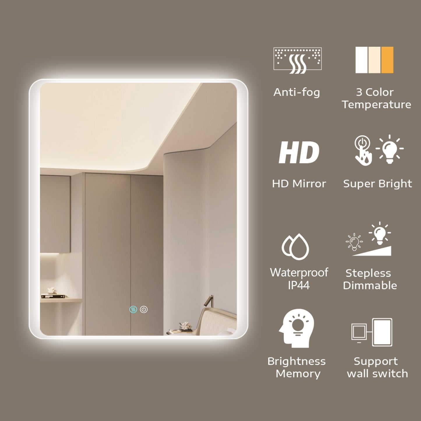 30 x 36 LED Mirror for Bathroom, LED Vanity Mirror, Adjustable 3 Color, Dimmable Vanity Mirror with Lights, Anti-Fog, Touch Control Wall Mounted Bathroom Mirror,Vertical