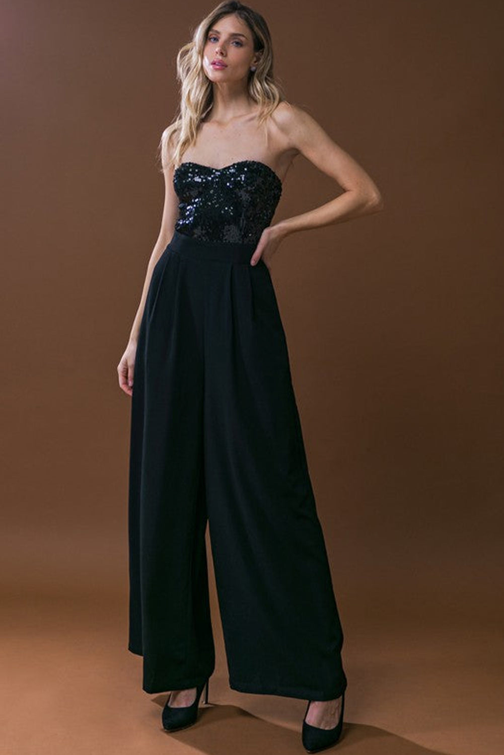 SEXY BUST huggin, BUTT huggin Black Sequin Tube Top Wide Leg Jumpsuit