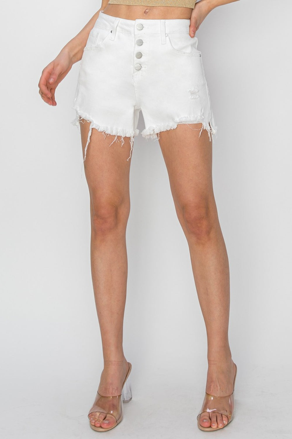 Sexy Leg white RISEN Button Fly Frayed Hem Denim Shorts