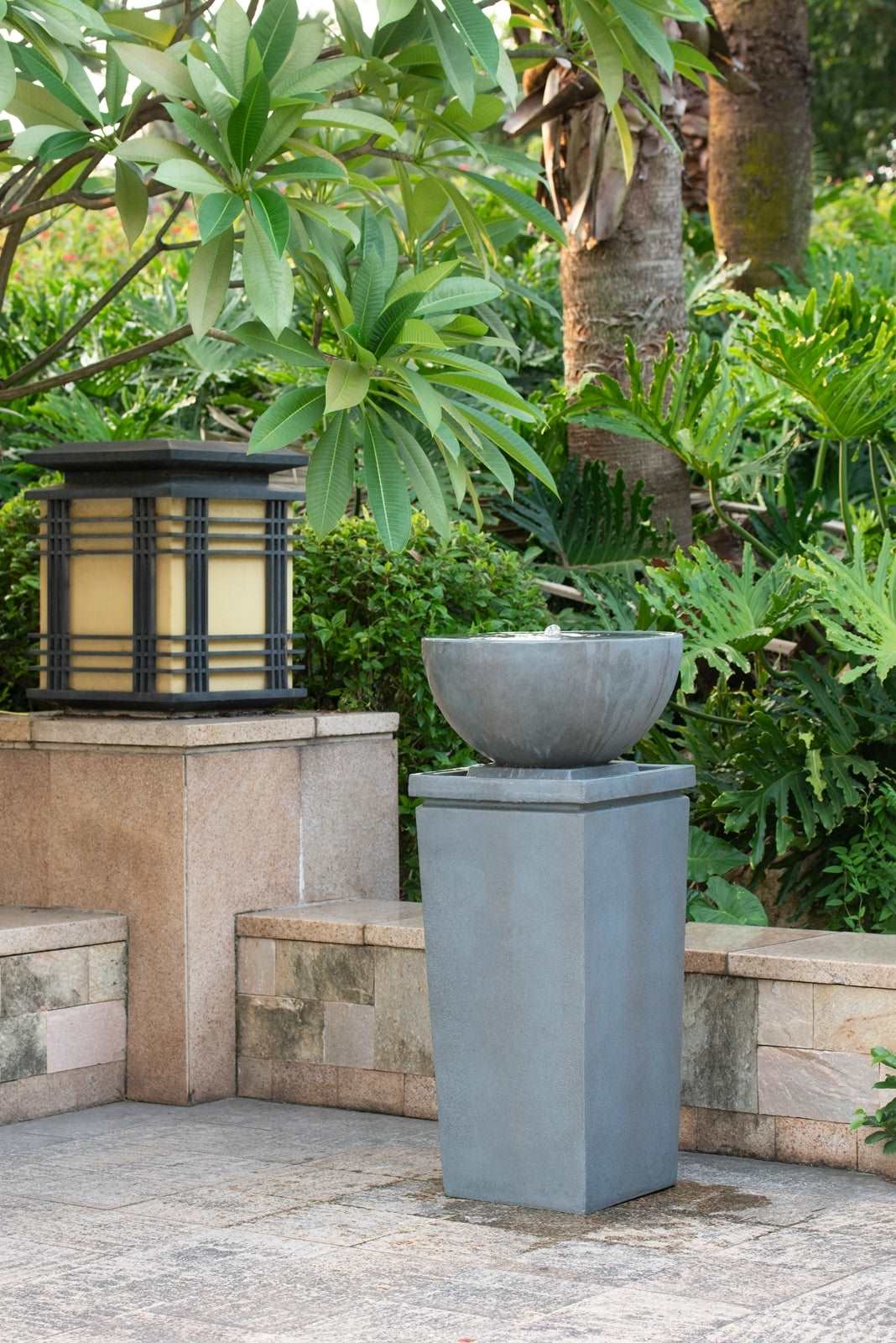 35.5" Polyresin Gray Zen Bowl Water Fountain, Outdoor Bird Feeder /Bath Fountains, Relaxing Water Feature for Garden Lawn Backyard Porch