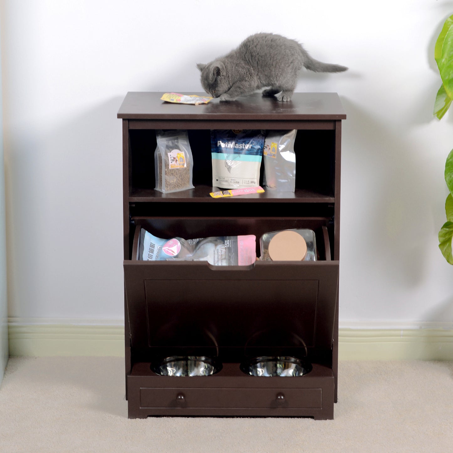 Pet Feeder Station with Storage,Made of MDF and Waterproof Painted,Dog and Cat Feeder Cabinet with Stainless Bowl