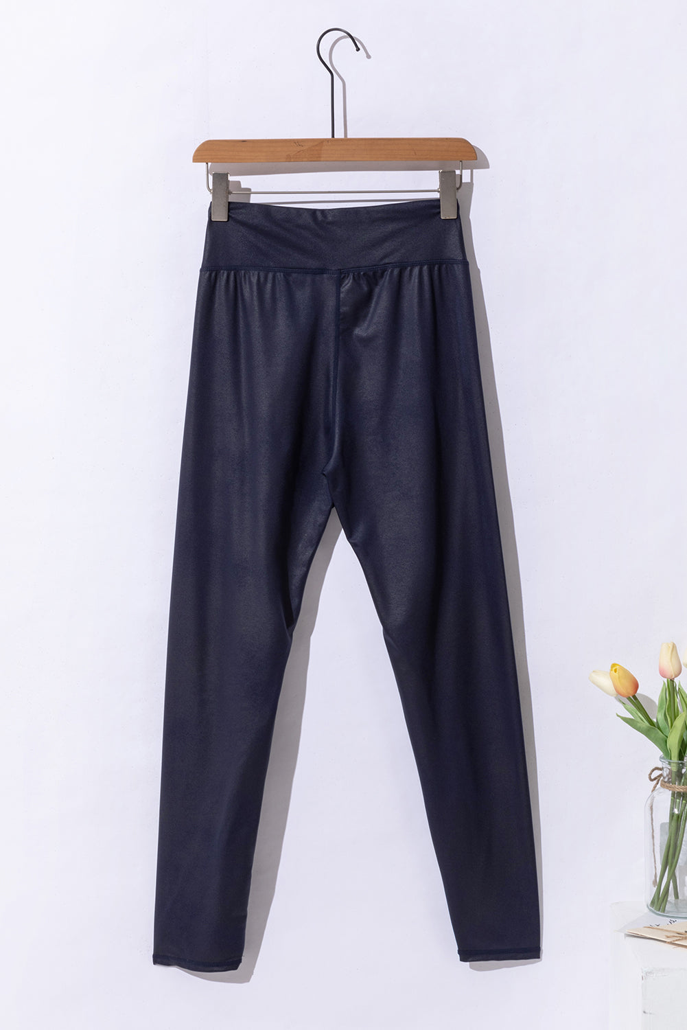 Body huggin Navy Blue Crossed Dip Waist Sleek Leather Leggings