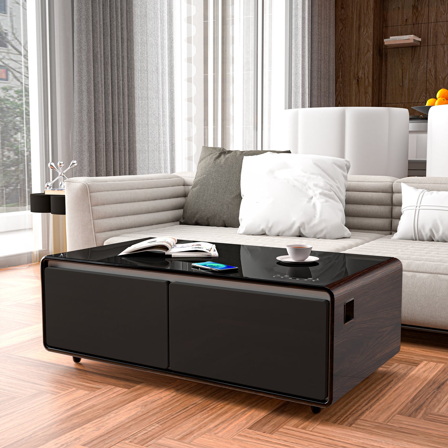 Modern Smart Coffee Table with Built-in Fridge, Bluetooth Speaker, Wireless Charging Module, Touch Control Panel, Power Socket, USB Interface, Outlet Protection, Atmosphere light, and More, Brown