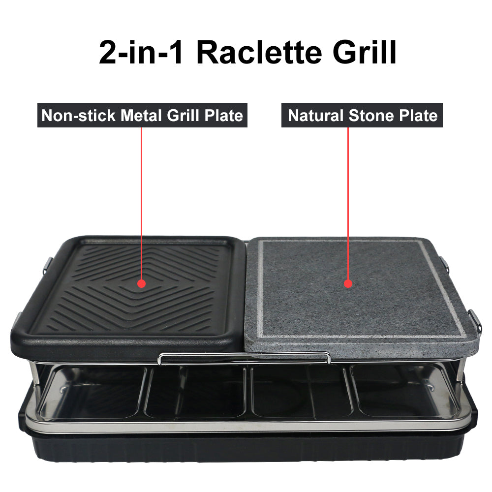 Dual Raclette Table Grill w Non-Stick Grilling Plate & Cooking Stone- 8 Person Electric Tabletop Cooker for Korean BBQ- Melt Cheese, Cook Meat & Veggies at Once