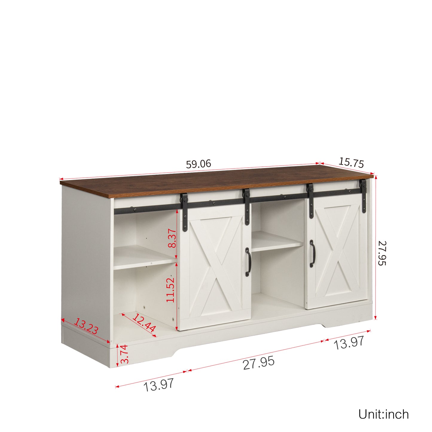 TV Stand Sliding Barn Door Modern&Farmhouse Wood Entertainment Center, Storage Cabinet Table Living Room with Adjustable Shelves for TVs Up to 65", Distressed White&Rustic