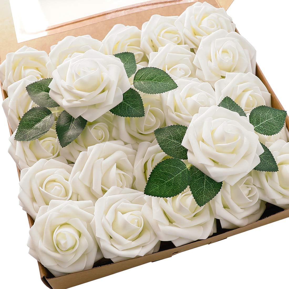 Floroom Artificial Flowers 25pcs Real Looking Ivory Foam Fake Roses with Stems for DIY Wedding Bouquets White Baby Shower Centerpieces Floral Arrangements Party Tables Home Decorations