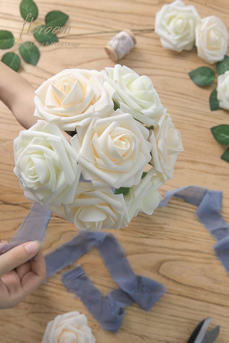 Floroom Artificial Flowers 25pcs Real Looking Ivory Foam Fake Roses with Stems for DIY Wedding Bouquets White Baby Shower Centerpieces Floral Arrangements Party Tables Home Decorations