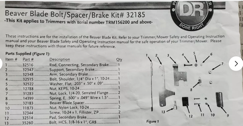 GENERAC Beaver Blade Bolt/Spacer/Brake Kit, TR4 321851