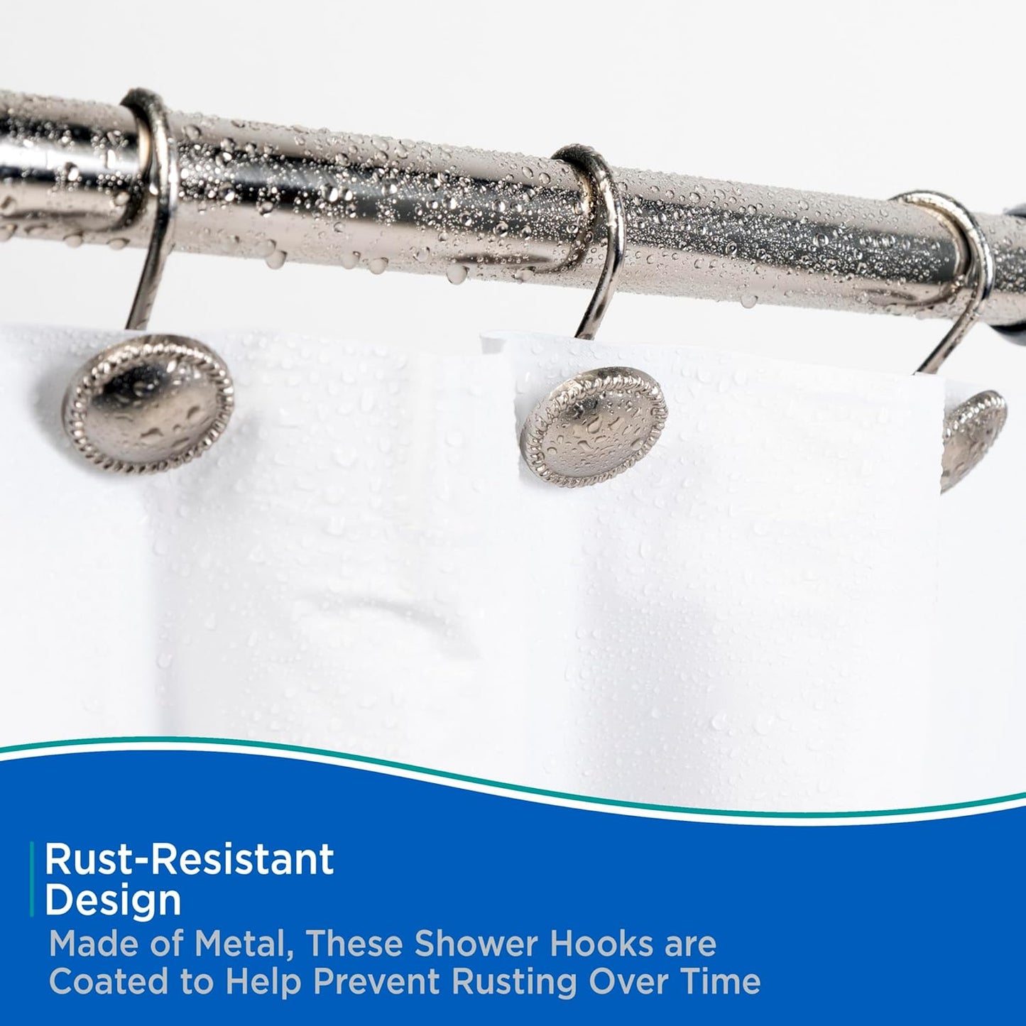 Kenney KN62151 Erin Rust-Resistant Metal Decorative Classic Shower Curtain Hooks for Shower Curtain and Standard Shower Curtain Rod, Bathroom Use, Easy to Install, Set of 12, Brushed Nickel