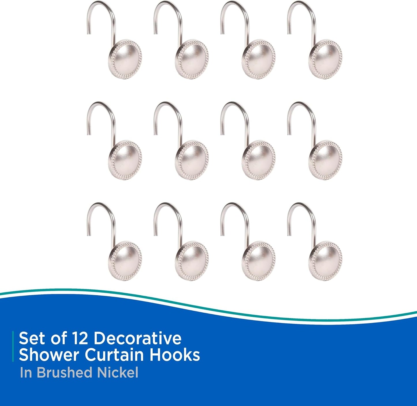 Kenney KN62151 Erin Rust-Resistant Metal Decorative Classic Shower Curtain Hooks for Shower Curtain and Standard Shower Curtain Rod, Bathroom Use, Easy to Install, Set of 12, Brushed Nickel