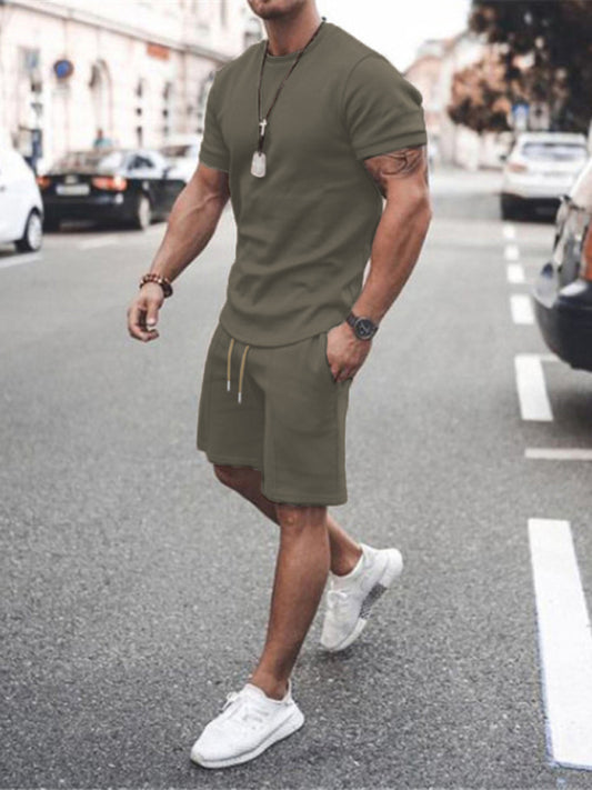 New Men's Casual Solid Color Short Sleeve Shorts Two-Piece Set