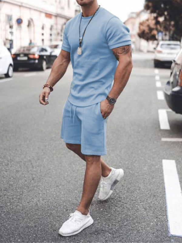 New Men's Casual Solid Color Short Sleeve Shorts Two-Piece Set