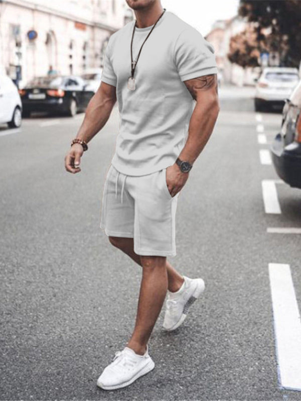 New Men's Casual Solid Color Short Sleeve Shorts Two-Piece Set