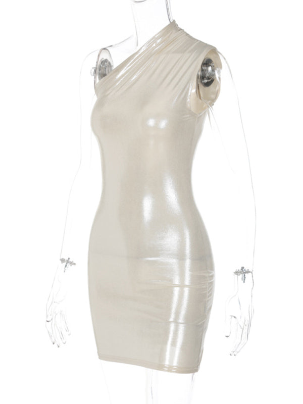 New Sexy Slim Curve Solid Color Slant Shoulder Sleeveless Hip Dress