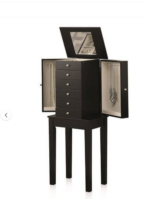 Jewelry Armoire With Beige Lining, Mirror and Swing-Out Doors, Black