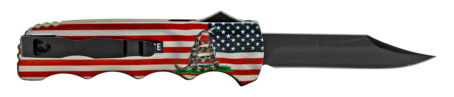 5.25" "Don't Tread on Me" Out the Front Folding Automatic Pocket Knife - Gadsden American Flag