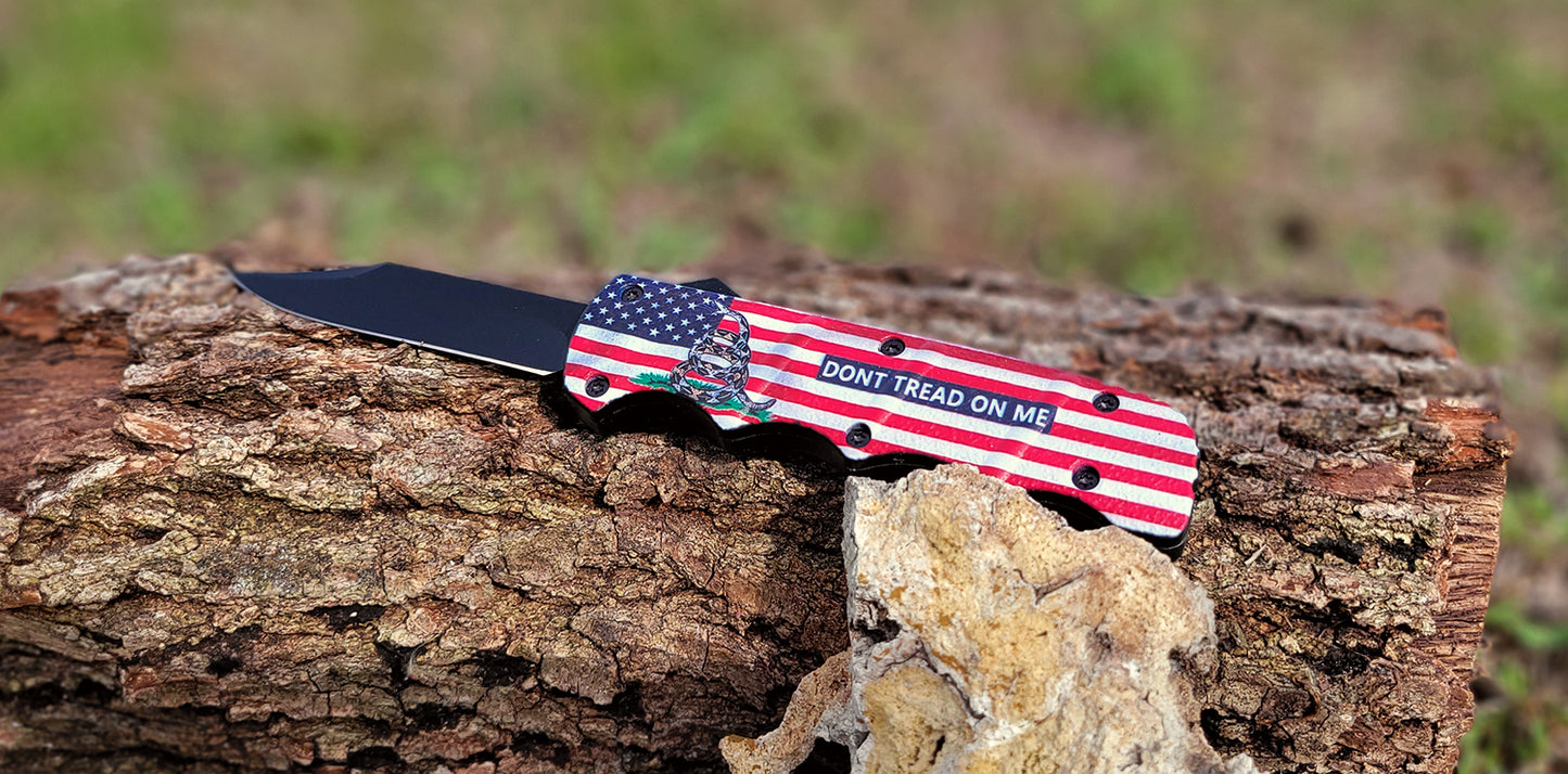 5.25" "Don't Tread on Me" Out the Front Folding Automatic Pocket Knife - Gadsden American Flag