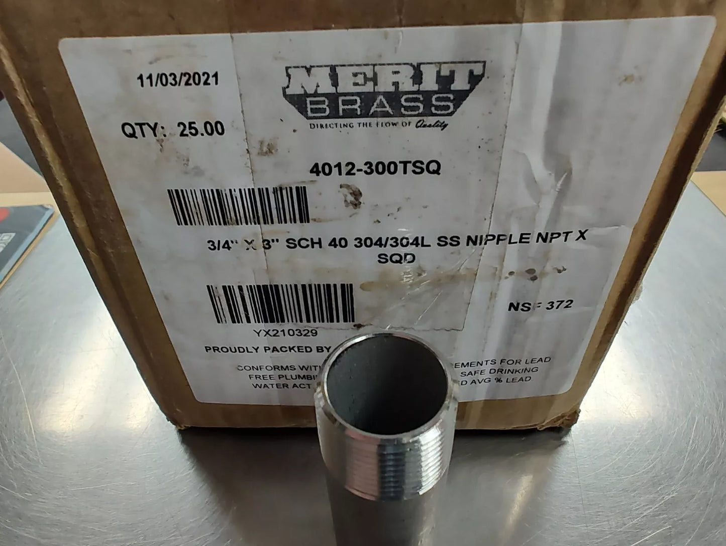 Merit Brass Nipple 304/304L S.S. Sch 40 3/4 x 3" Threaded x Plain End(Box of 50)