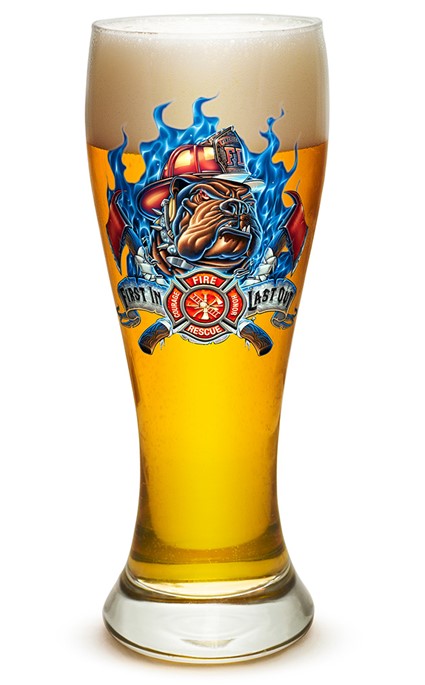 Firefighter Fireman - First In last out - Classic Premium Beer Pint Glasses 16 Ounce - Set of 24 - Highball Cocktail Mixing Glass - Perfect for Cold Beverages - With Logo