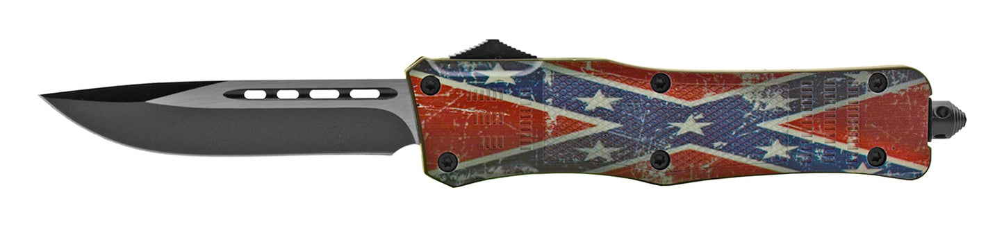 5.5" Stainless Steel Tactical Automatic OTF Out the Front Drop Point Survival Knife with Sheath - Confederate Flag