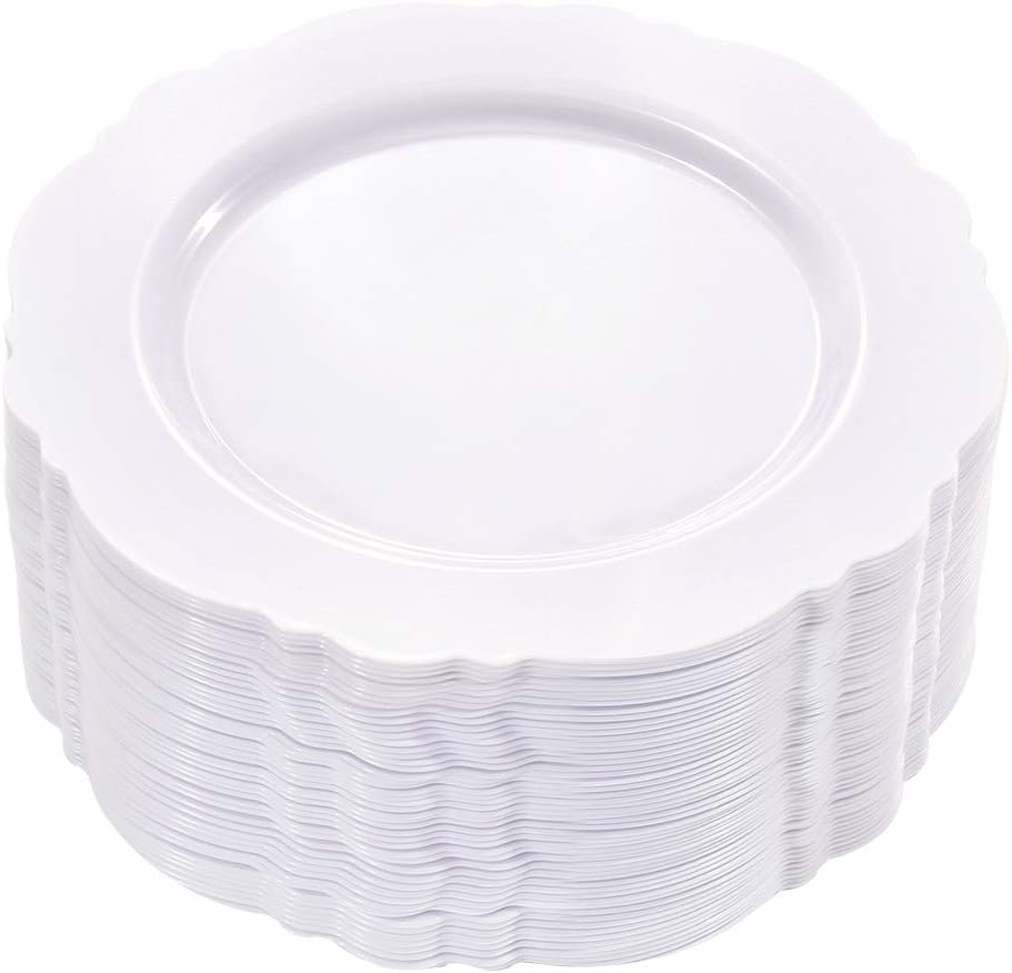 WDF 60pcs White Plastic Plates -7.5inch Baroque White Disposable Appetizer Plates Small Plates Cake Plates- Dessert/Salad Plates for Upscale Parties &Wedding