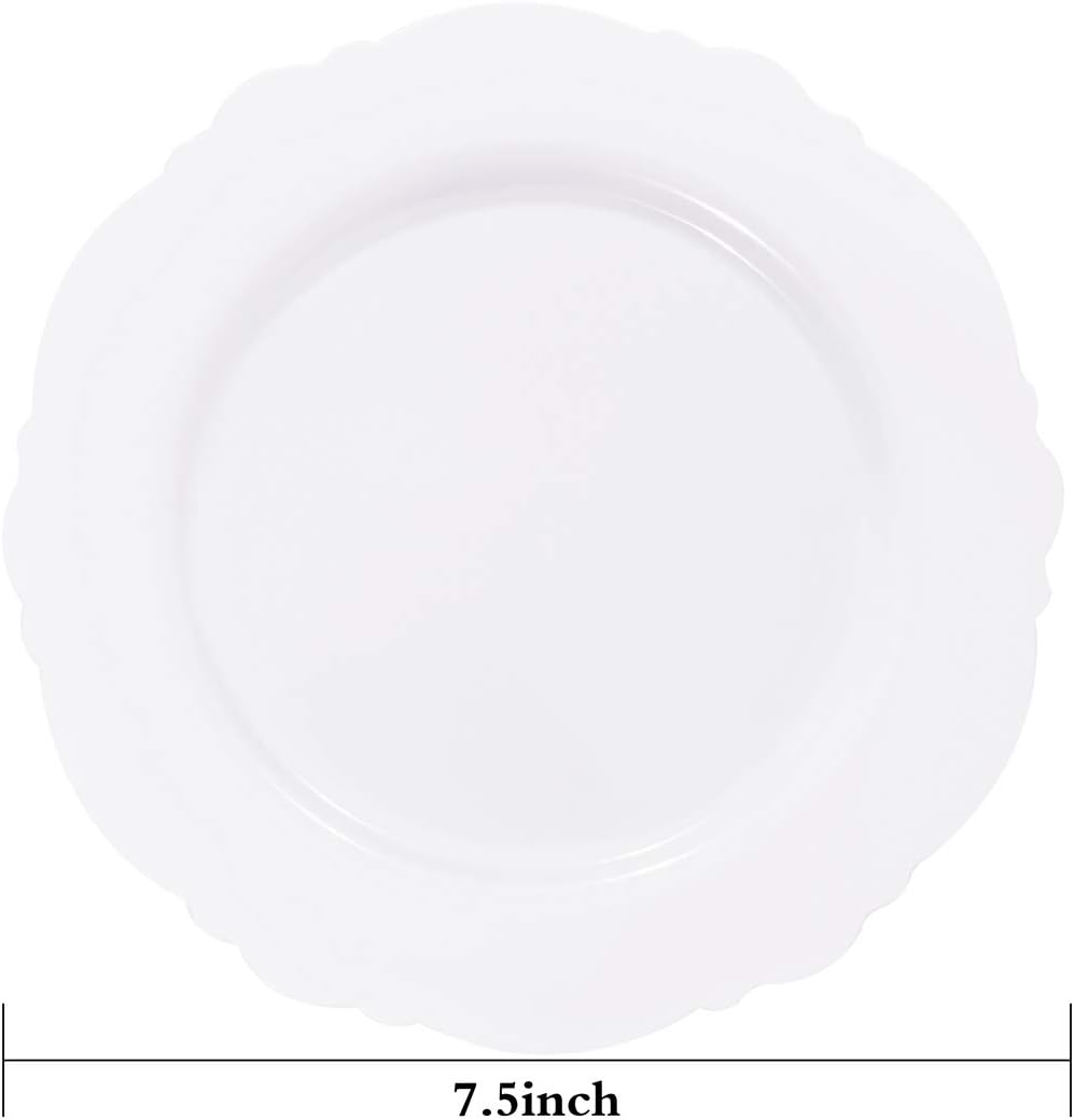 WDF 60pcs White Plastic Plates -7.5inch Baroque White Disposable Appetizer Plates Small Plates Cake Plates- Dessert/Salad Plates for Upscale Parties &Wedding