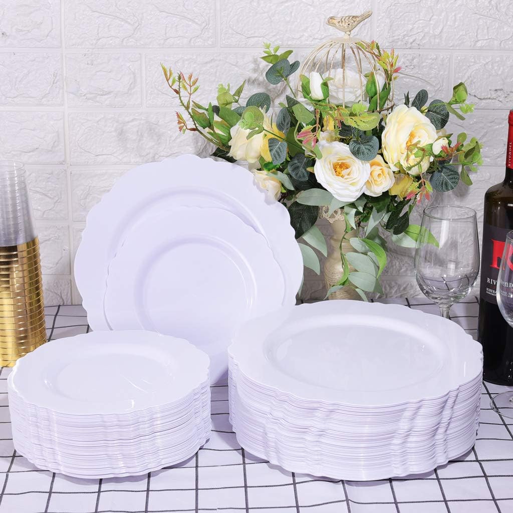 WDF 60pcs White Plastic Plates -7.5inch Baroque White Disposable Appetizer Plates Small Plates Cake Plates- Dessert/Salad Plates for Upscale Parties &Wedding