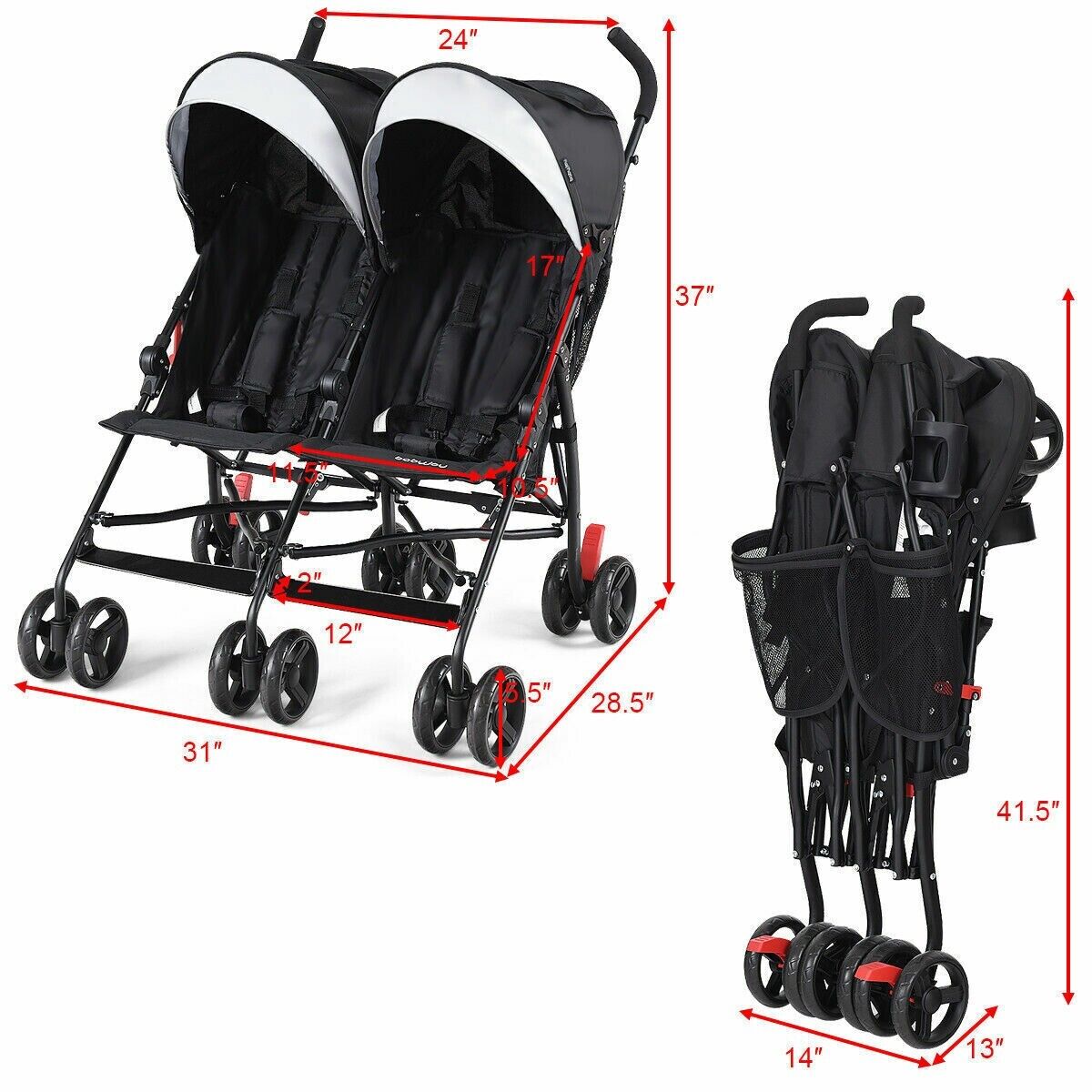 Cost-Way Twin Baby Double Stroller Foldable Kids Ultralight Umbrella Stroller Pushchair