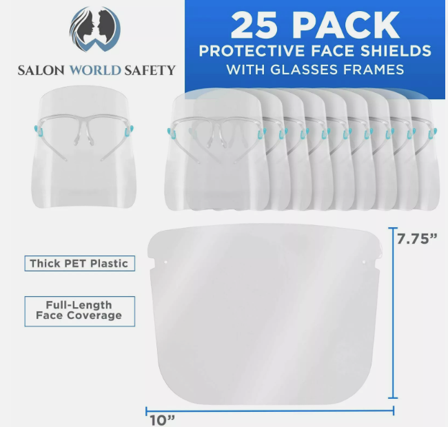 TCP Global Salon World Safety Face Shields with Glasses Frames (Pack of 400) - Ultra Clear Protective Full Face Shields to Protect Eyes, Nose, Mouth - Anti-Fog PET Plastic, Goggles