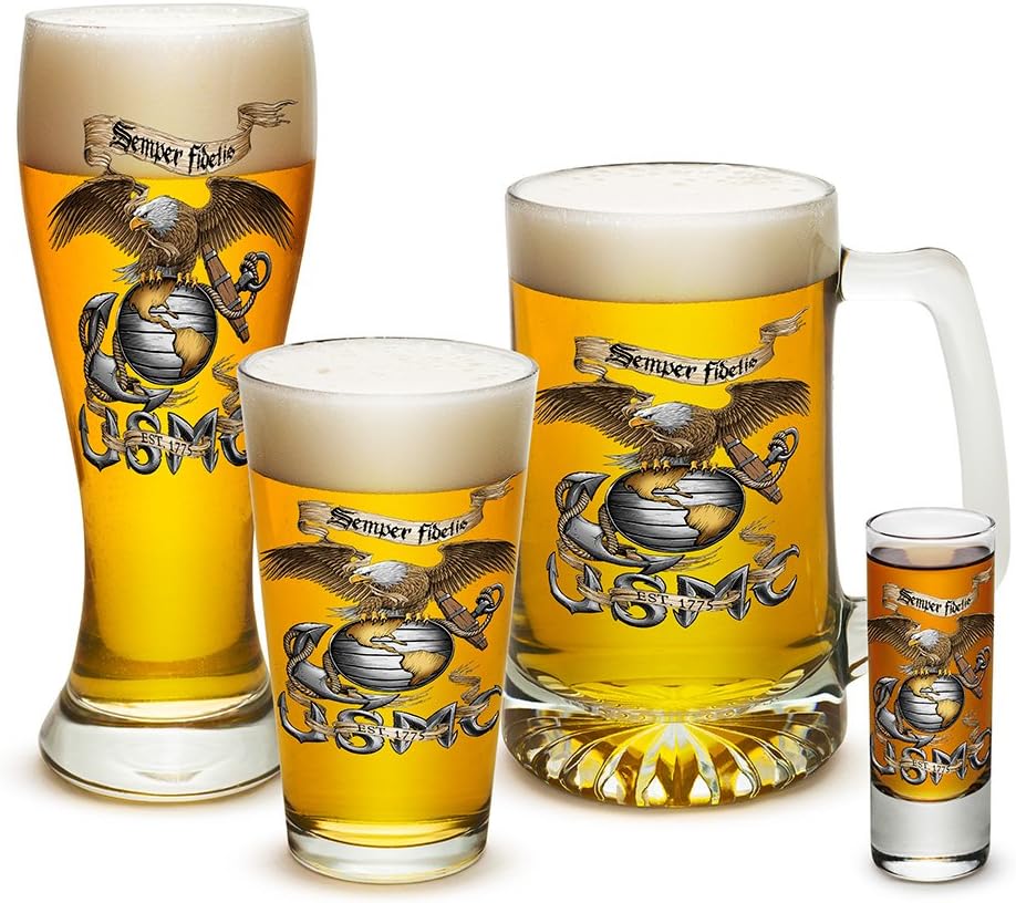 US Marine Corps Gifts for Men or Women ? Eagle USMC Marine Corps Beer Glassware ? Beer Glass - 4 Piece Collector Set (16 Oz)