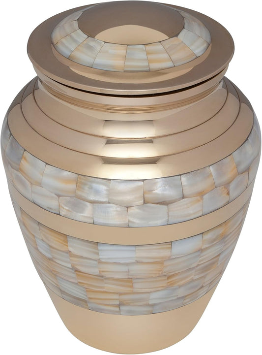 Mother of Pearl Gold Funeral Urn by Cremation Urn for Human Ashes - Hand Made in Brass - Suitable for Cemetery Burial or Niche - Large Size fits remains of Adults up to 200 lbs - Mother of Pearl