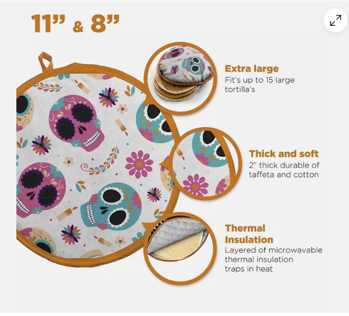 Sr.Tilla Tortilla Warmer White Calaveras package contains  1=8" & 1=11" (Each order contains 5 PAKS)