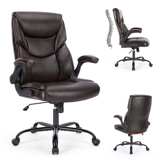 Sweetcrispy Executive Office PU Leather  Desk Chair High Back Flip-Up Armrest Adjustable Ergonomic Home Office Chair