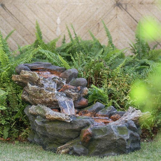 41x20x20" Large Brown Rock Wood-Look Fountain with Moss, Indoor & Outdoor Polyresin Water Feature for Garden & Backyard